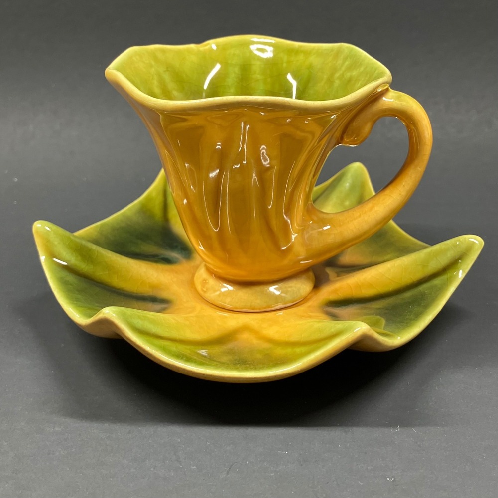 Kipp Ceramics Demitasse Cup Saucer 1947 Yellow Green Vintage Art Pottery